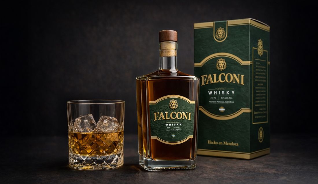 Botella de Falconi Whisky junto a su estuche